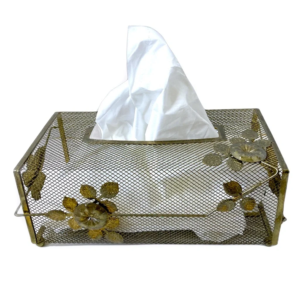 Midcentury Tissue Holder Cottagecore Gold Toned Mesh Ivy Flowers